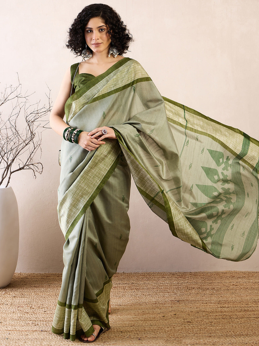 Bhagalpuri Silk Green Printed Ready to Wear With Blouse