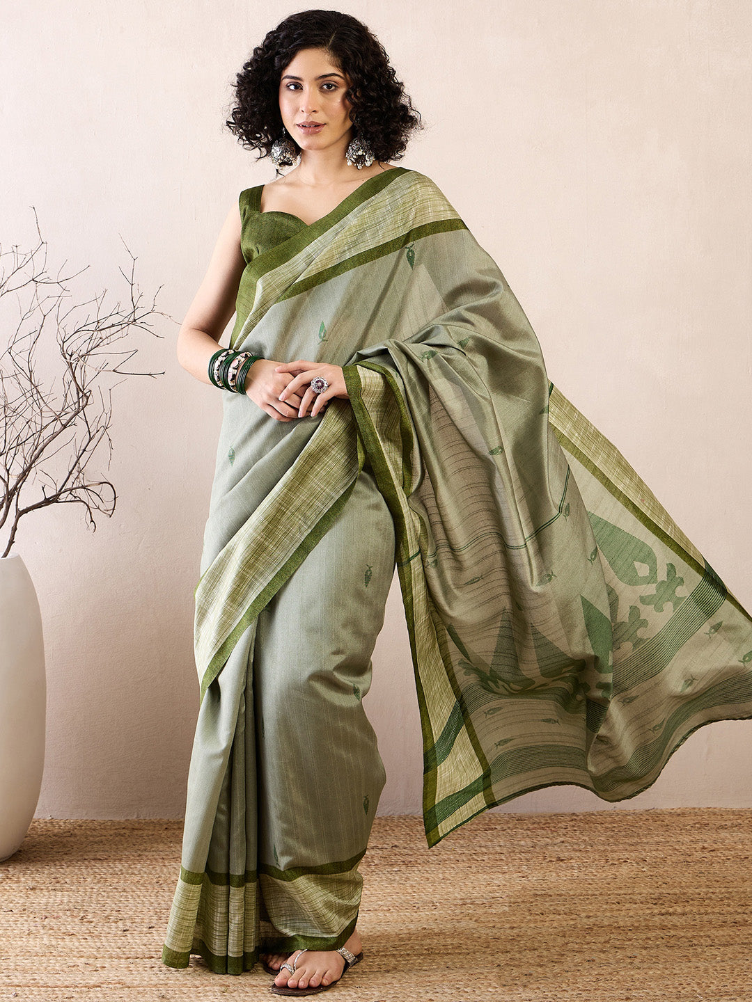 Bhagalpuri Silk Green Printed Ready to Wear With Blouse