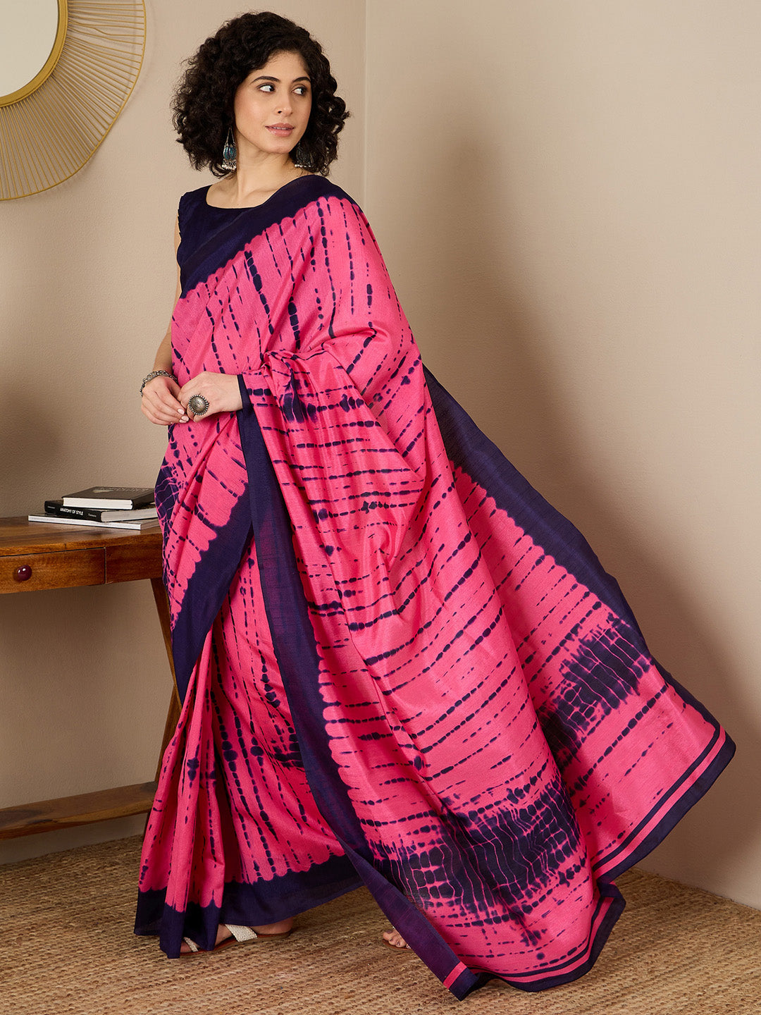 Bhagalpuri Silk Navy Blue Printed Ready to Wear With Blouse