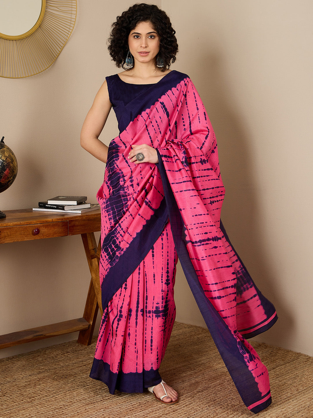 Bhagalpuri Silk Navy Blue Printed Ready to Wear With Blouse