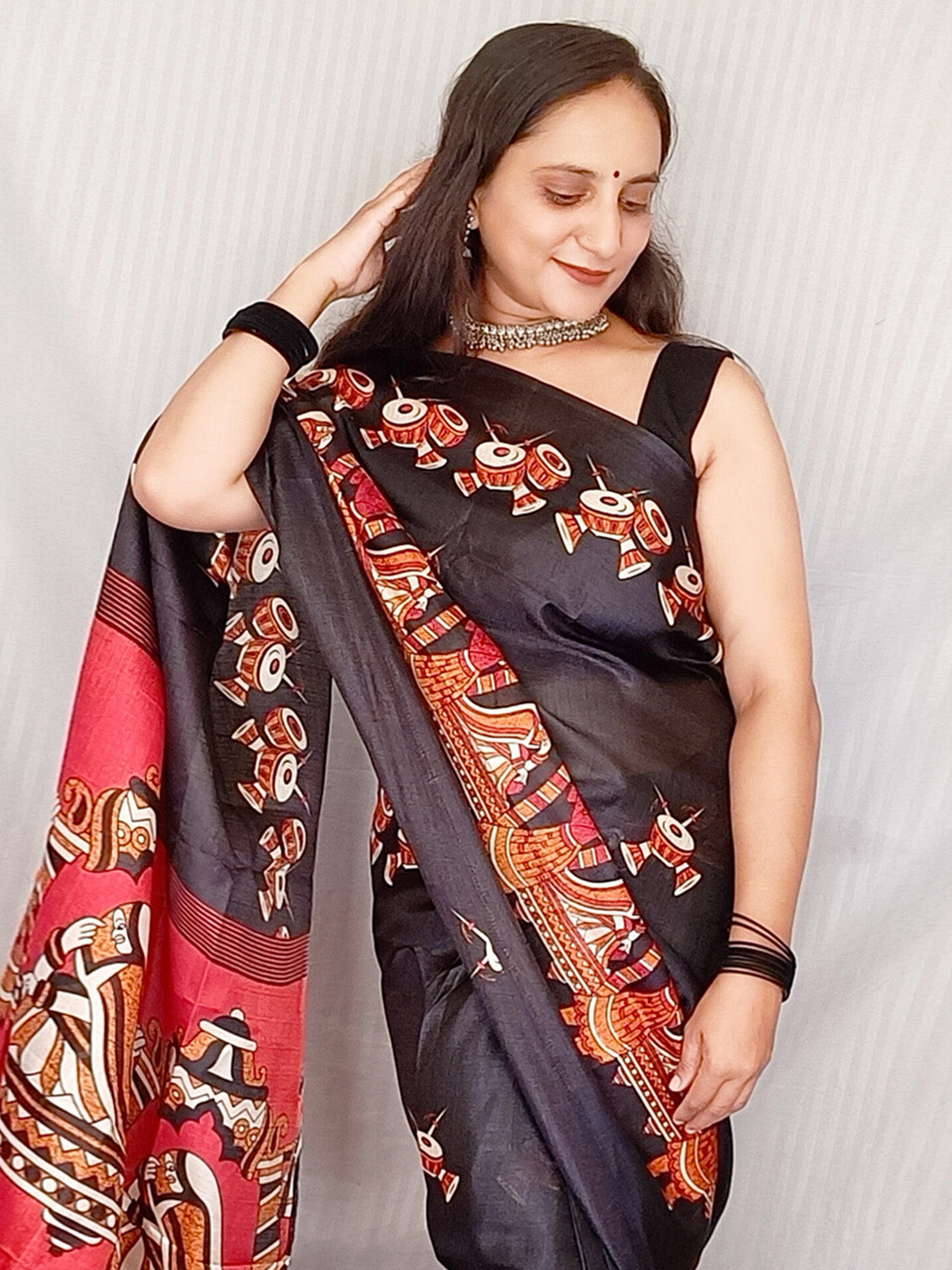 Bhagalpuri Silk Black Printed Ready to Wear With Blouse