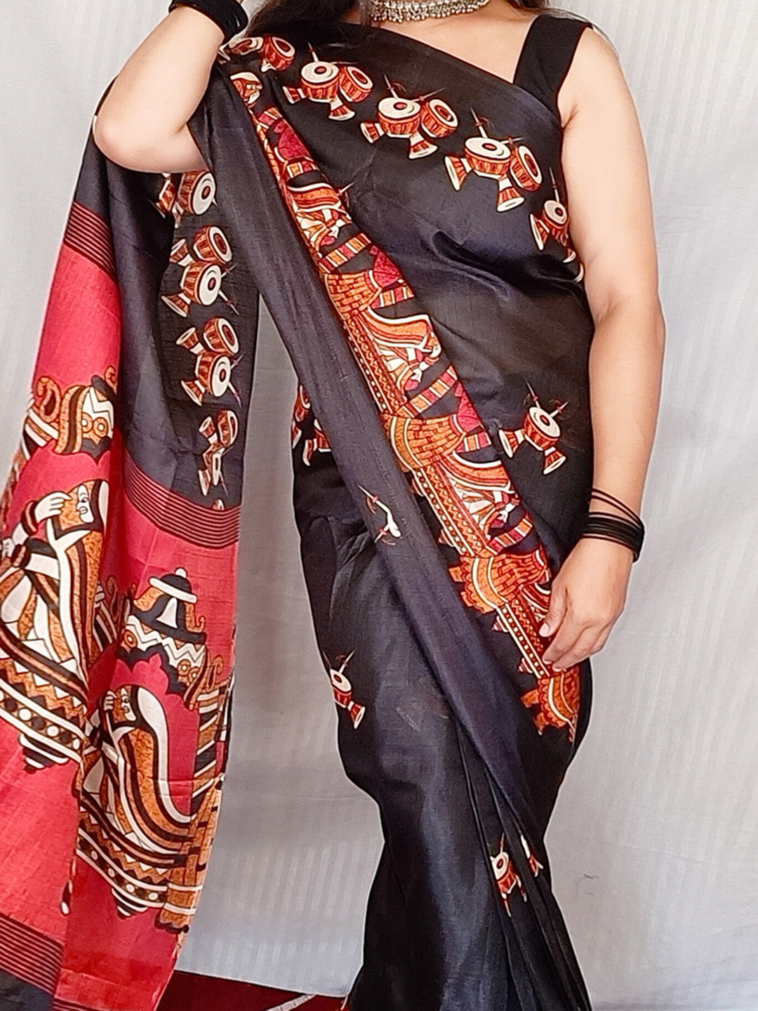 Bhagalpuri Silk Black Printed Ready to Wear With Blouse