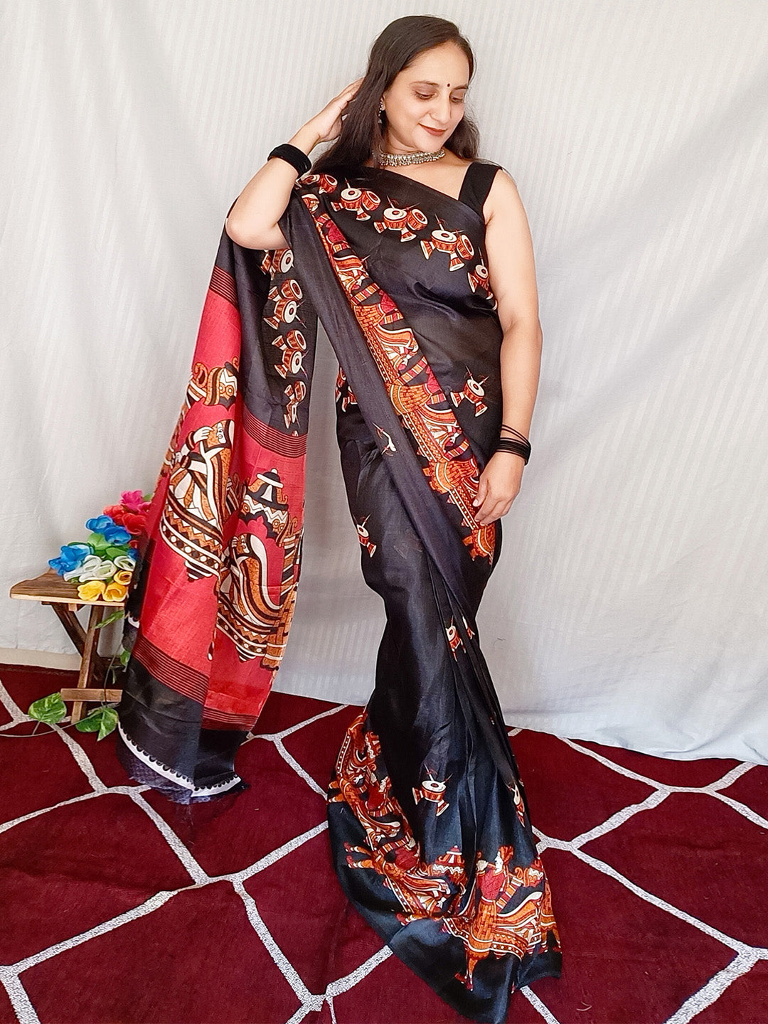 Bhagalpuri Silk Black Printed Ready to Wear With Blouse