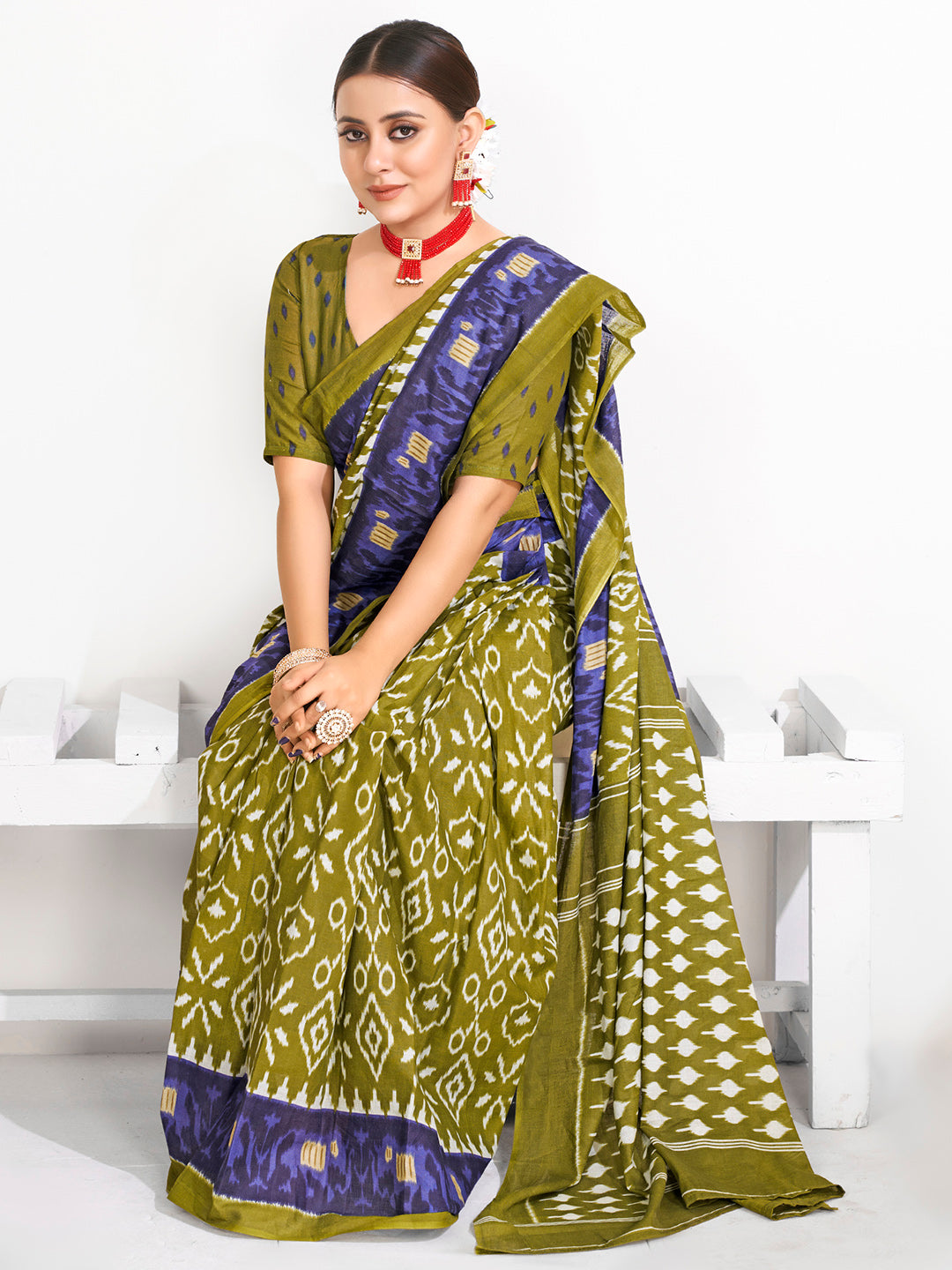Cotton Olive Printed Ready to Wear With Blouse