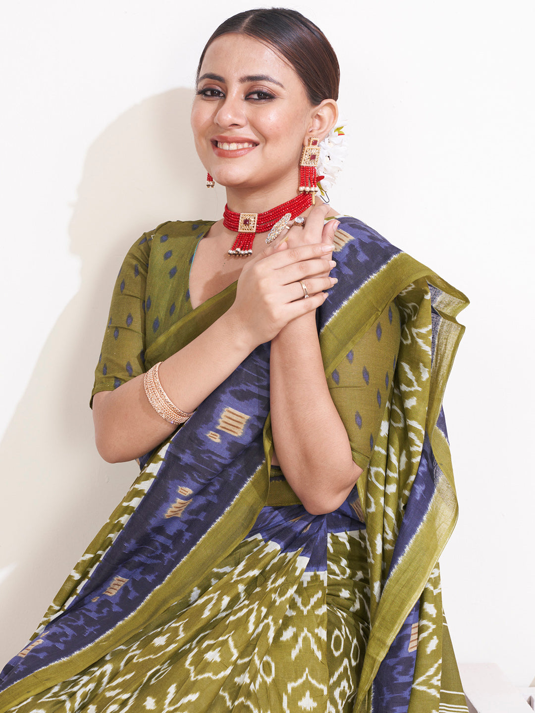 Cotton Olive Printed Ready to Wear With Blouse