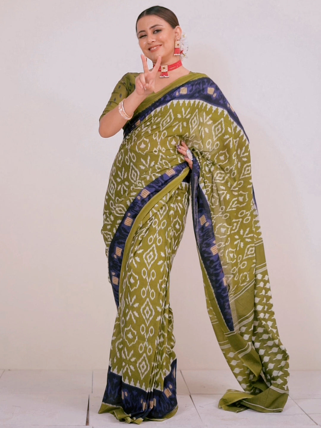 Cotton Olive Printed Ready to Wear With Blouse