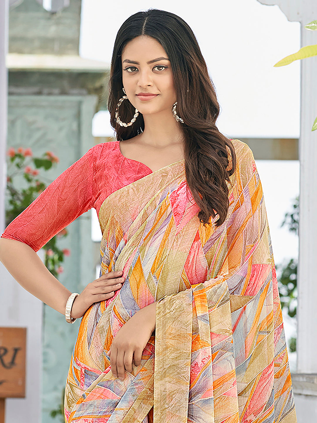 Chiffon Cream Printed Designer Saree With Blouse