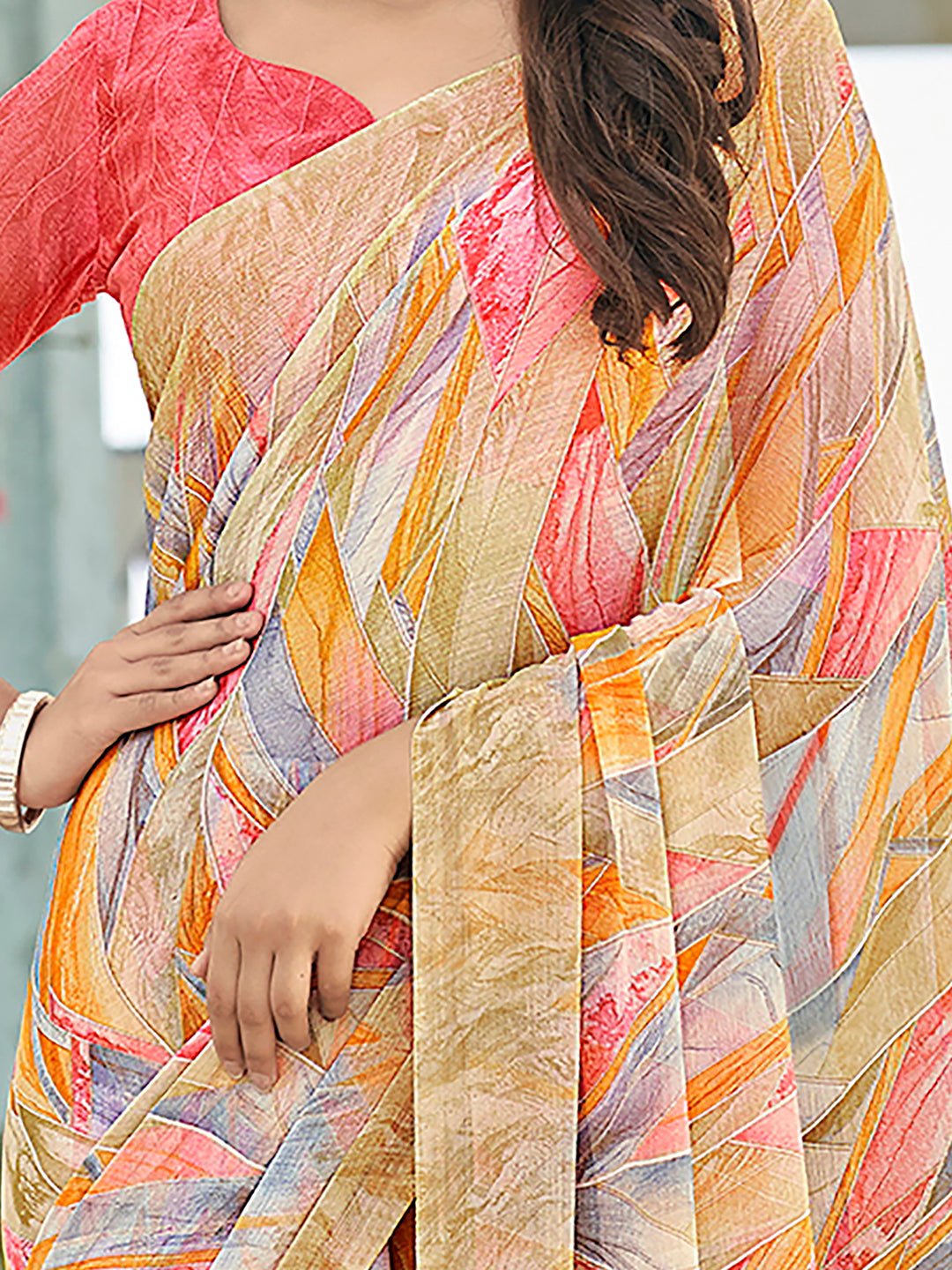 Chiffon Cream Printed Designer Saree With Blouse