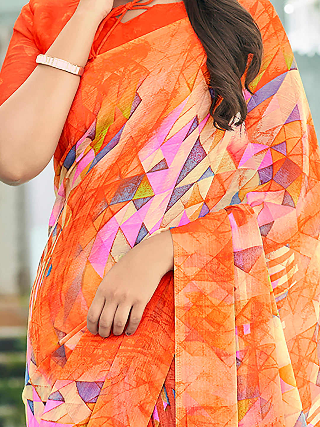 Chiffon Orange Printed Designer Saree With Blouse