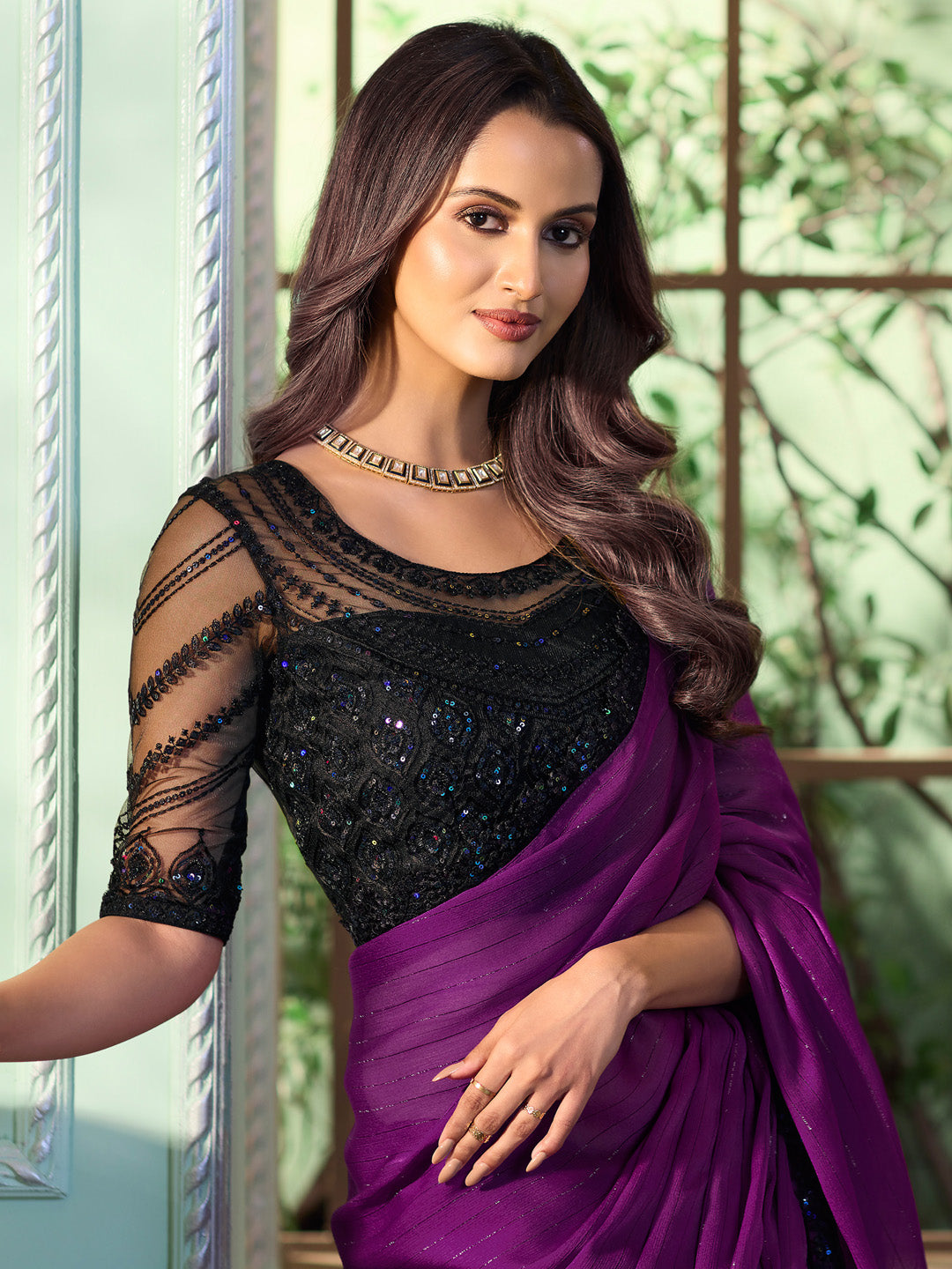 Georgette Purple Embellished Designer Saree With Blouse