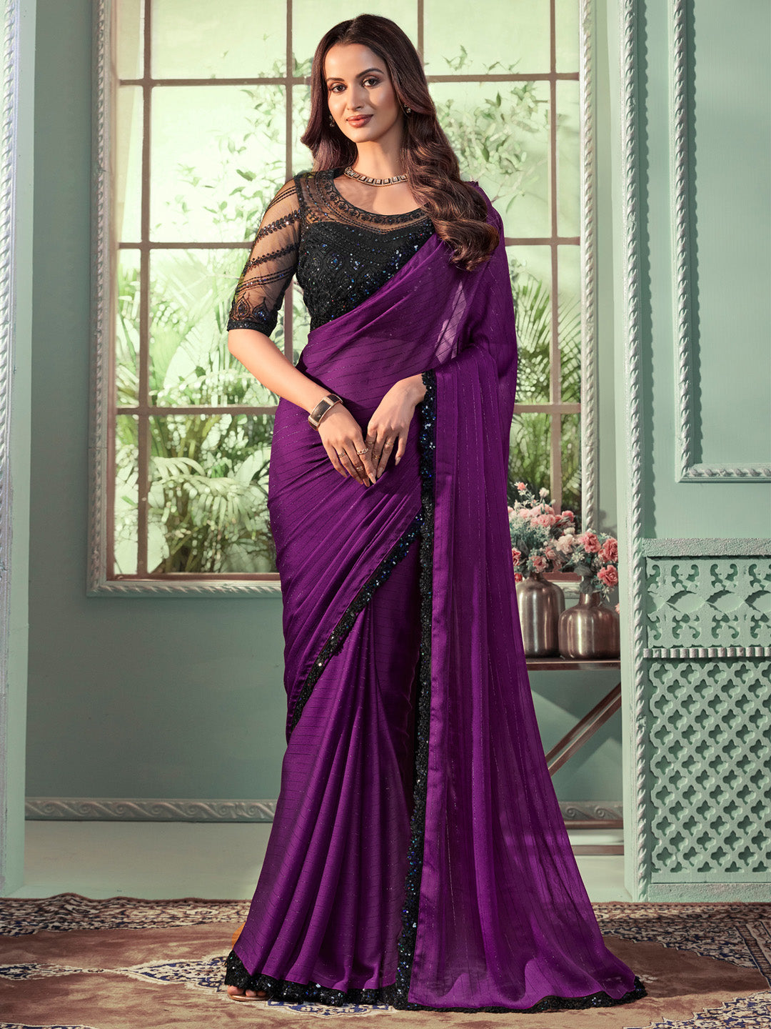 Georgette Purple Embellished Designer Saree With Blouse