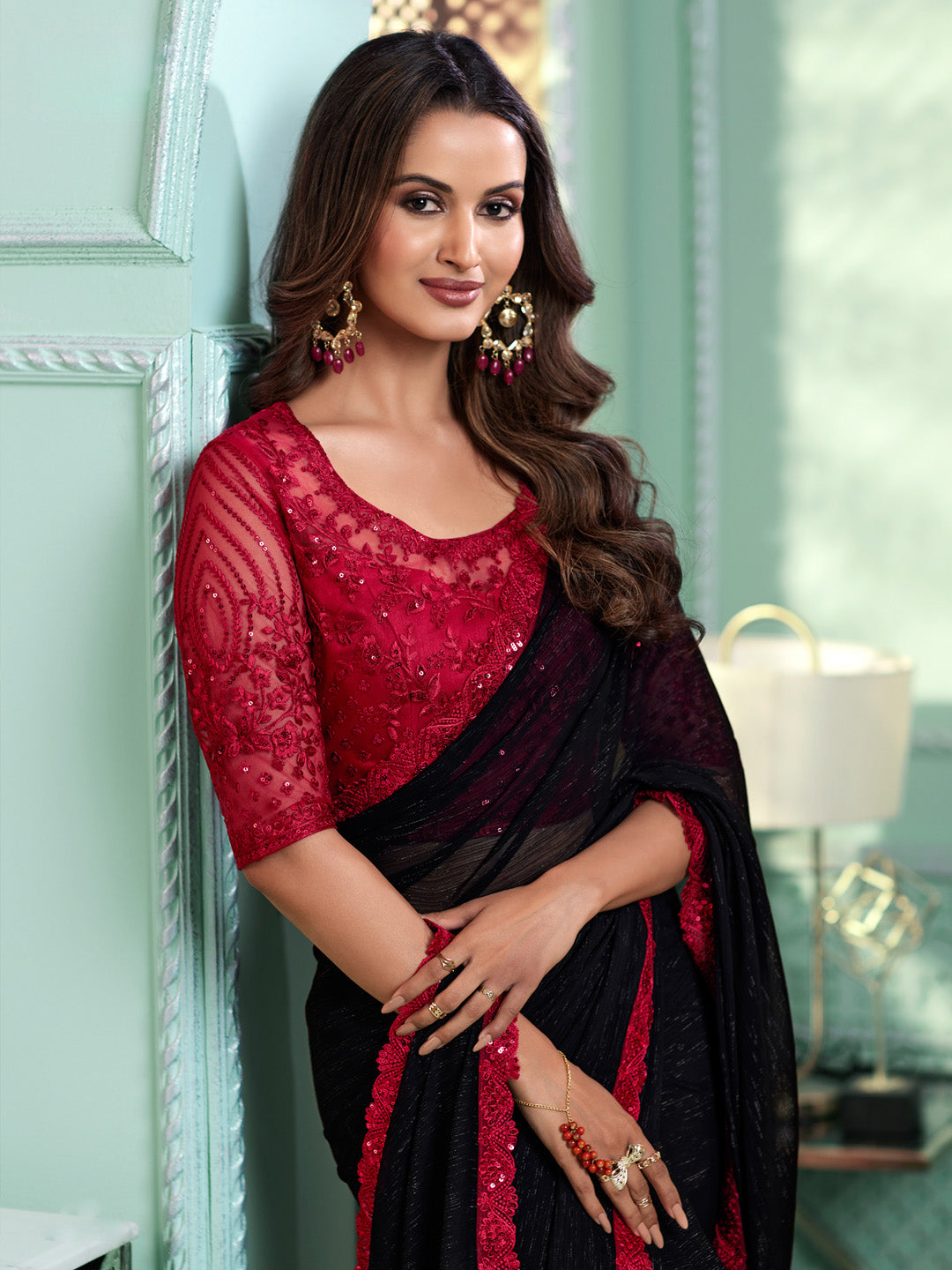 Chiffon Black Embellished Designer Saree With Blouse