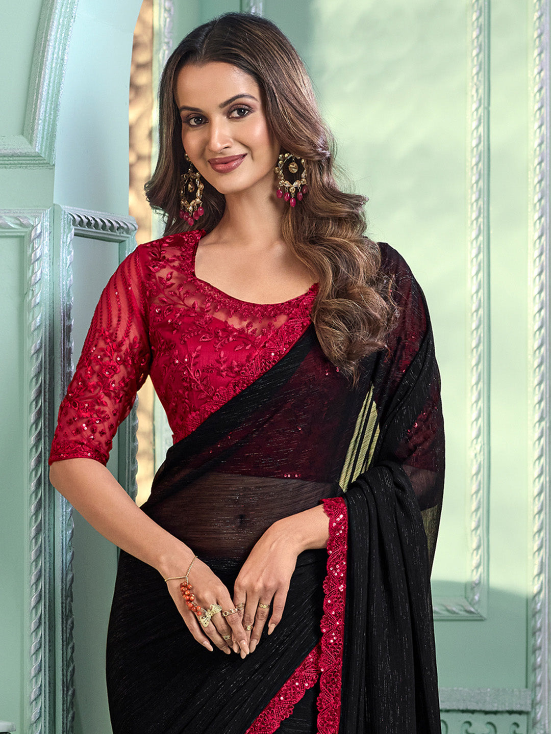 Chiffon Black Embellished Designer Saree With Blouse