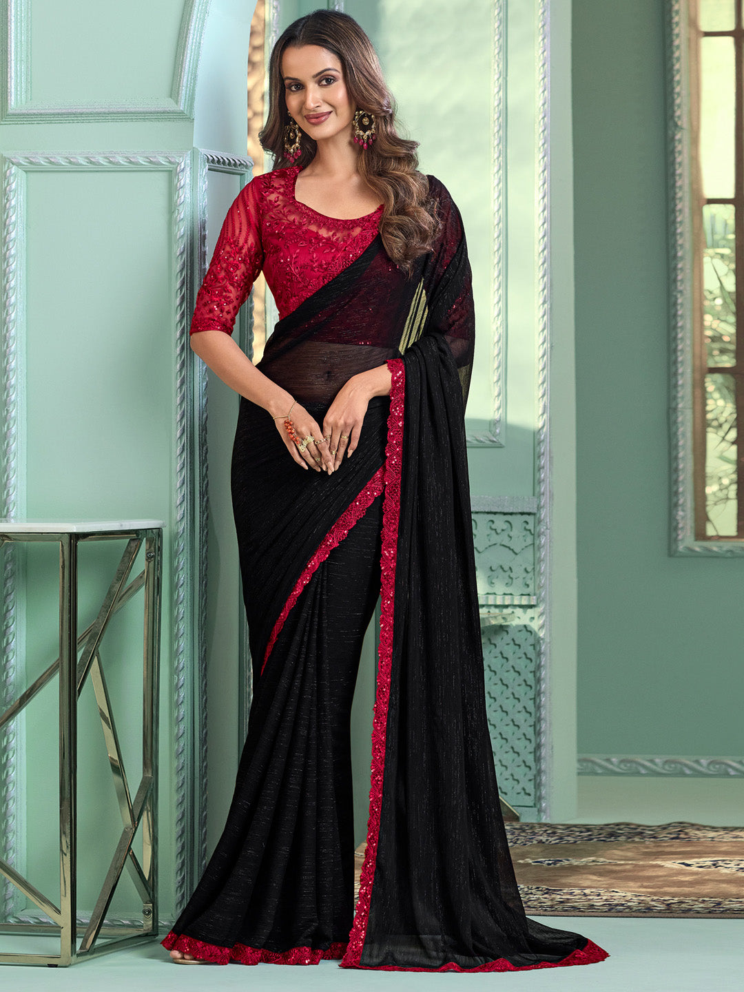 Chiffon Black Embellished Designer Saree With Blouse