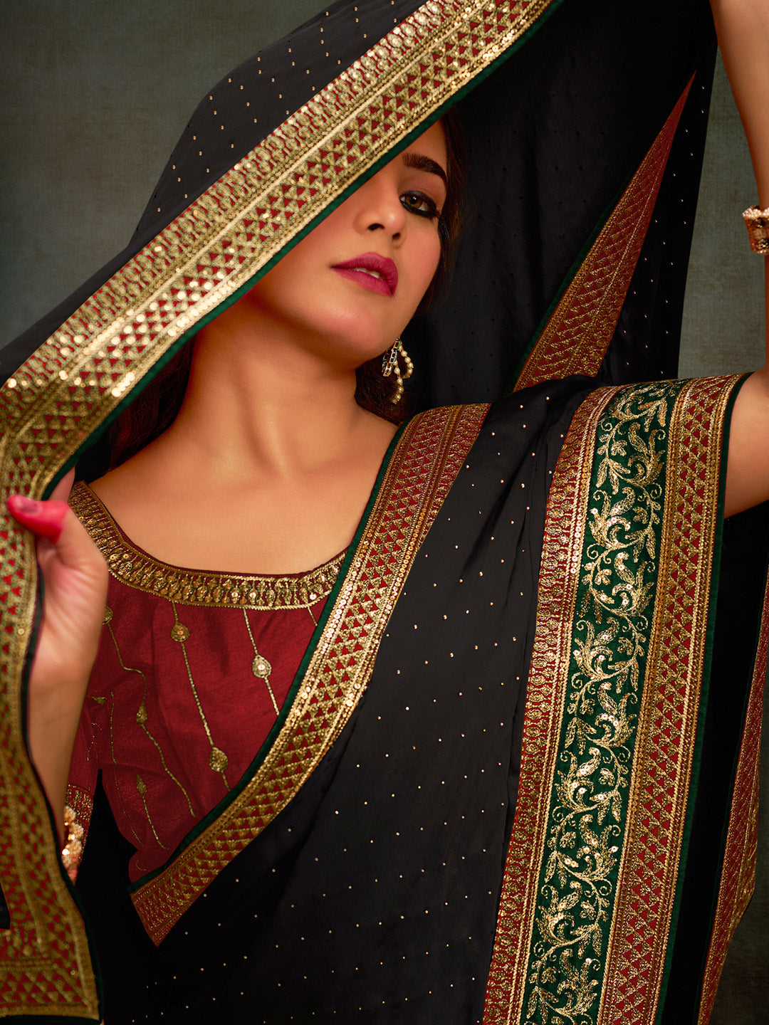 Satin Silk Maroon Embroidered Designer Saree With Blouse