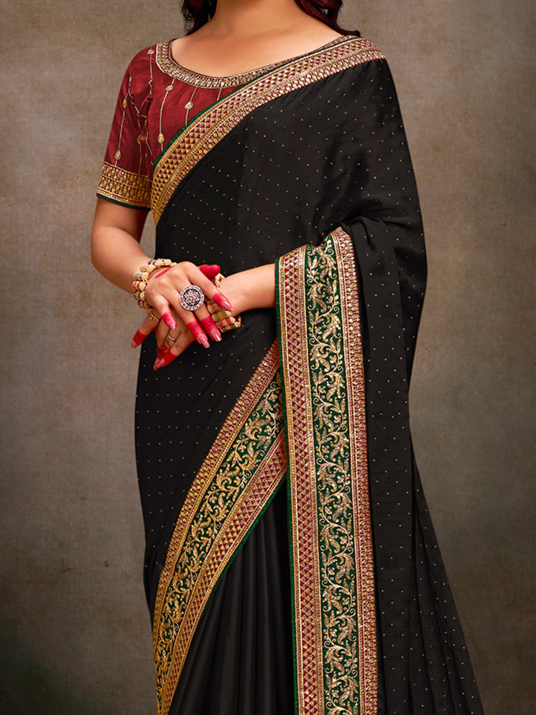 Satin Silk Maroon Embroidered Designer Saree With Blouse