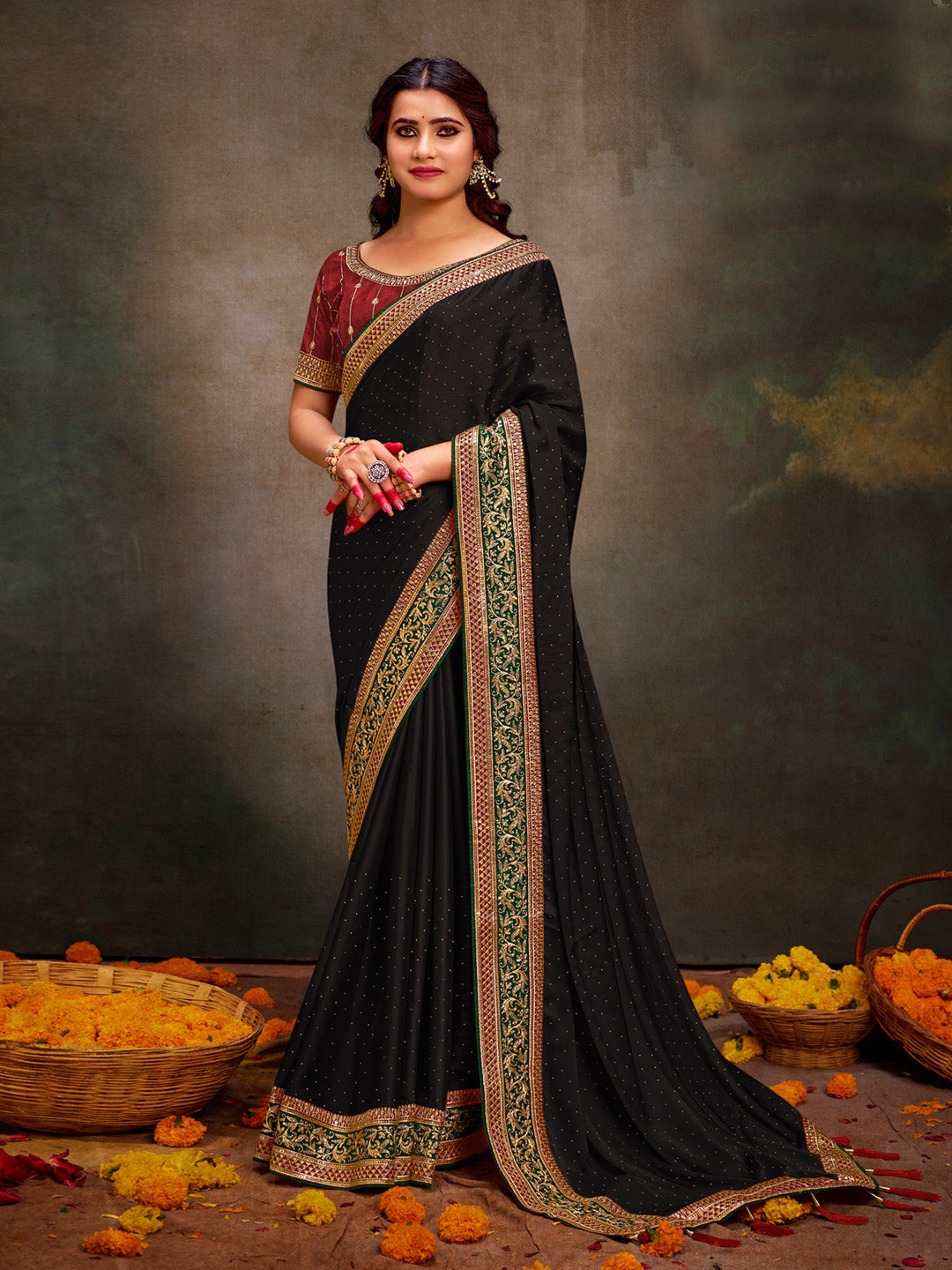 Satin Silk Maroon Embroidered Designer Saree With Blouse