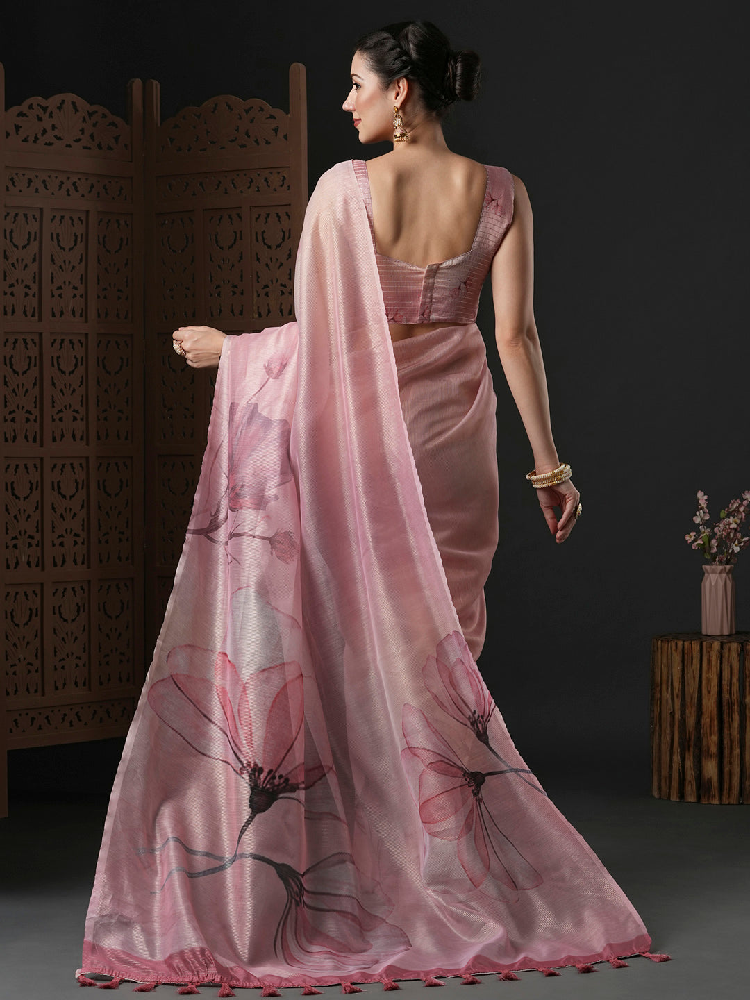 Organza Pink Printed Designer Saree With Blouse