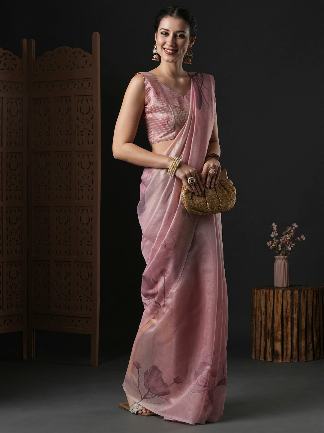 Organza Pink Printed Designer Saree With Blouse