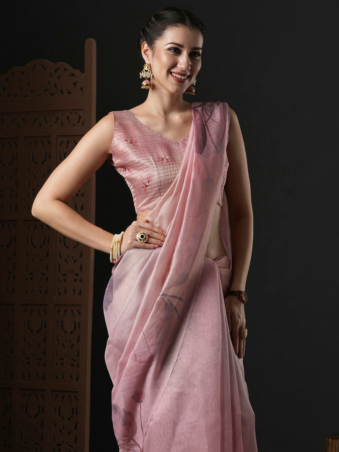 Organza Pink Printed Designer Saree With Blouse