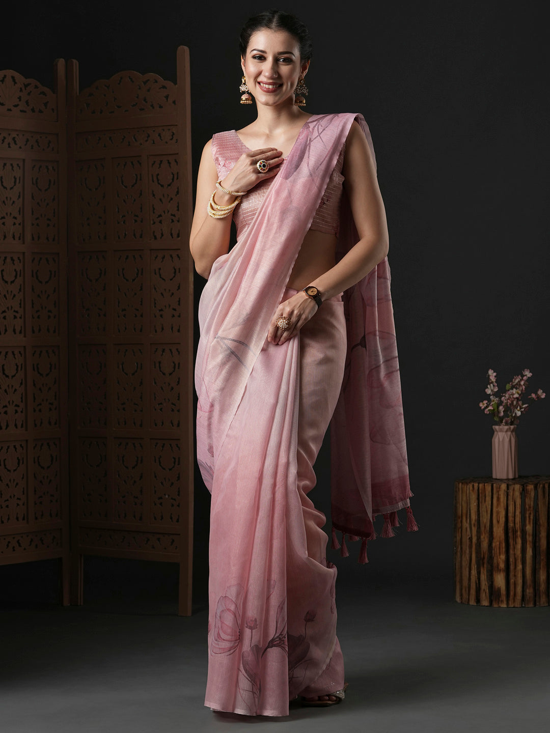 Organza Pink Printed Designer Saree With Blouse