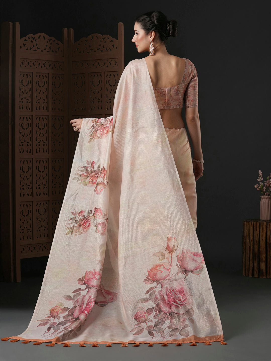 Organza Peach Printed Designer Saree With Blouse