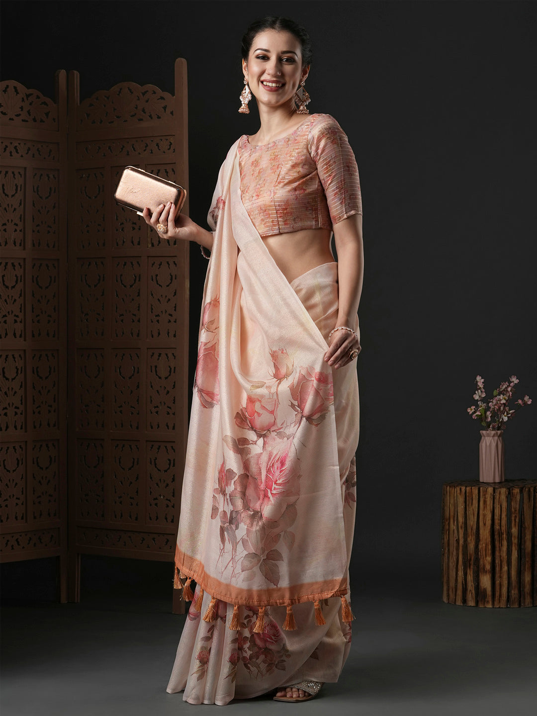 Organza Peach Printed Designer Saree With Blouse