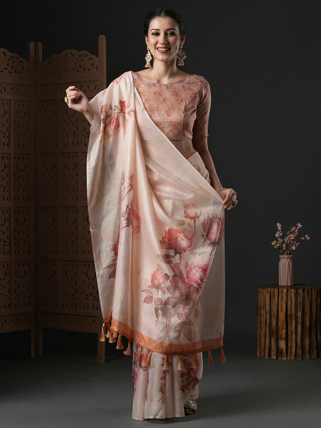 Organza Peach Printed Designer Saree With Blouse