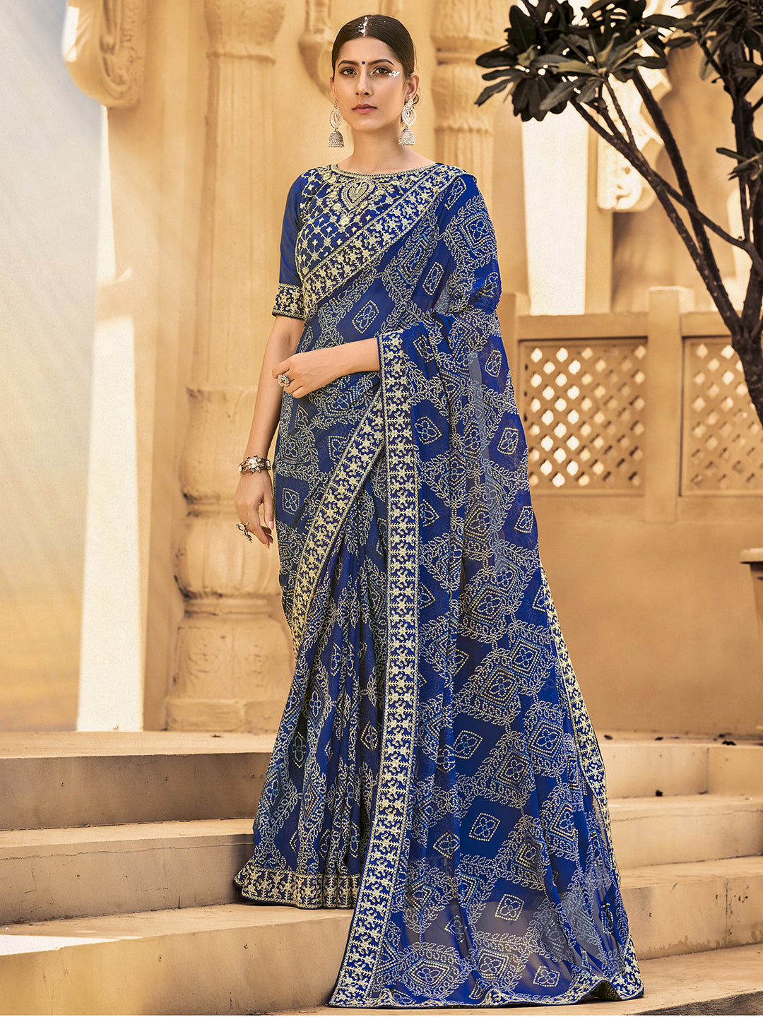 Georgette Blue Embellished Designer Saree With Blouse