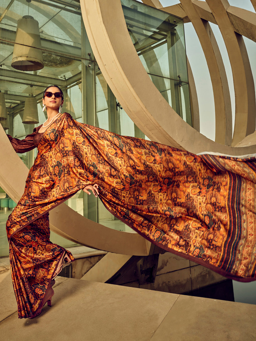 Satin Silk Brown Printed Designer Saree With Blouse