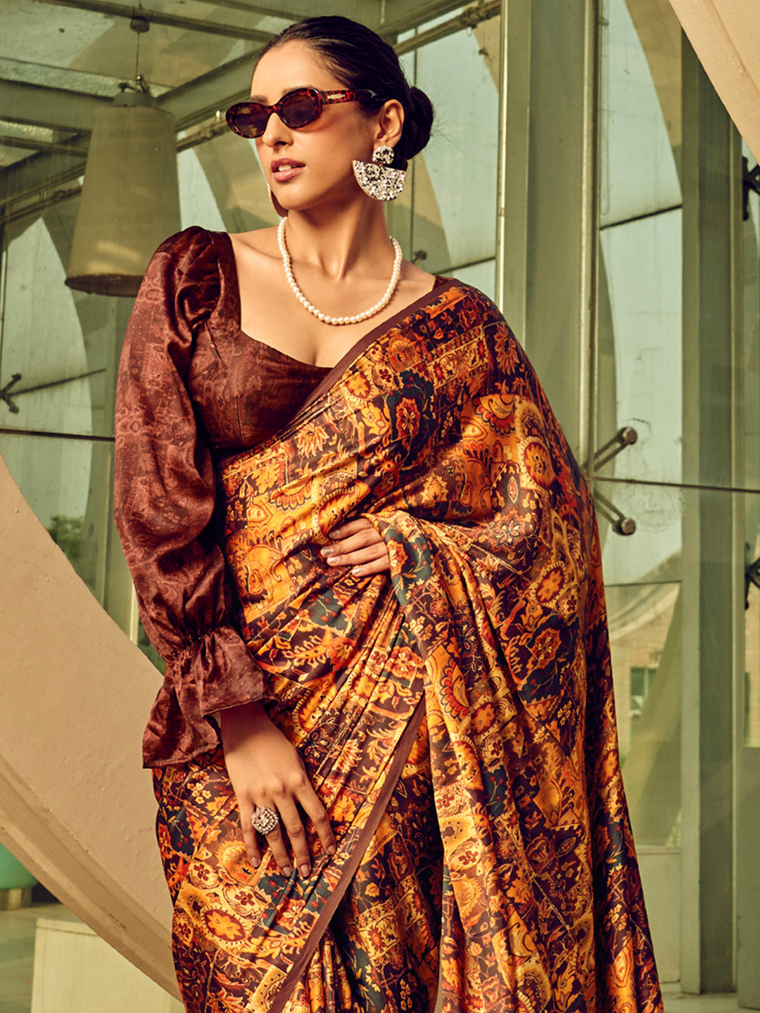 Satin Silk Brown Printed Designer Saree With Blouse