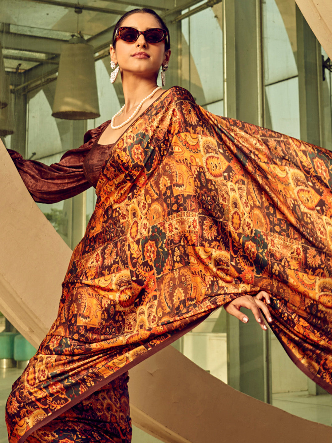 Satin Silk Brown Printed Designer Saree With Blouse