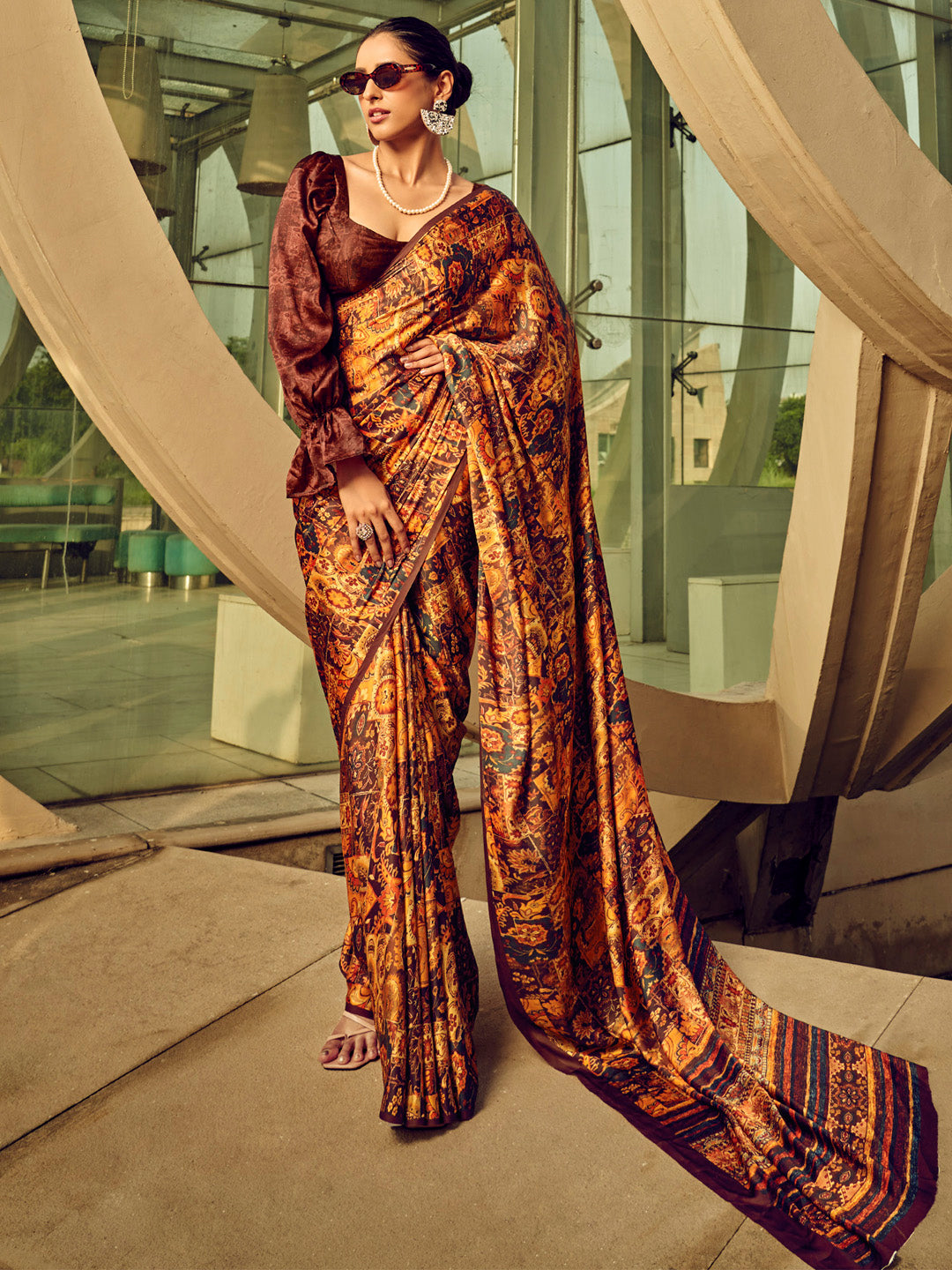 Satin Silk Brown Printed Designer Saree With Blouse