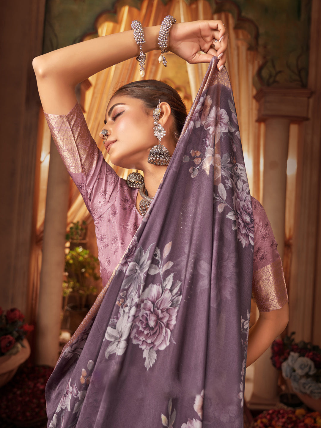Tussar Silk Mauve Printed Designer Saree With Blouse