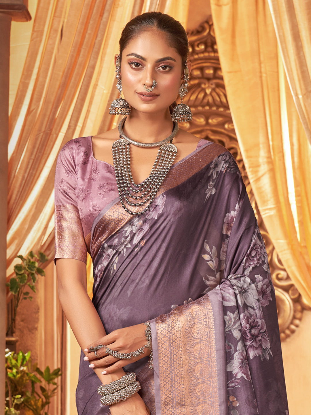 Tussar Silk Mauve Printed Designer Saree With Blouse