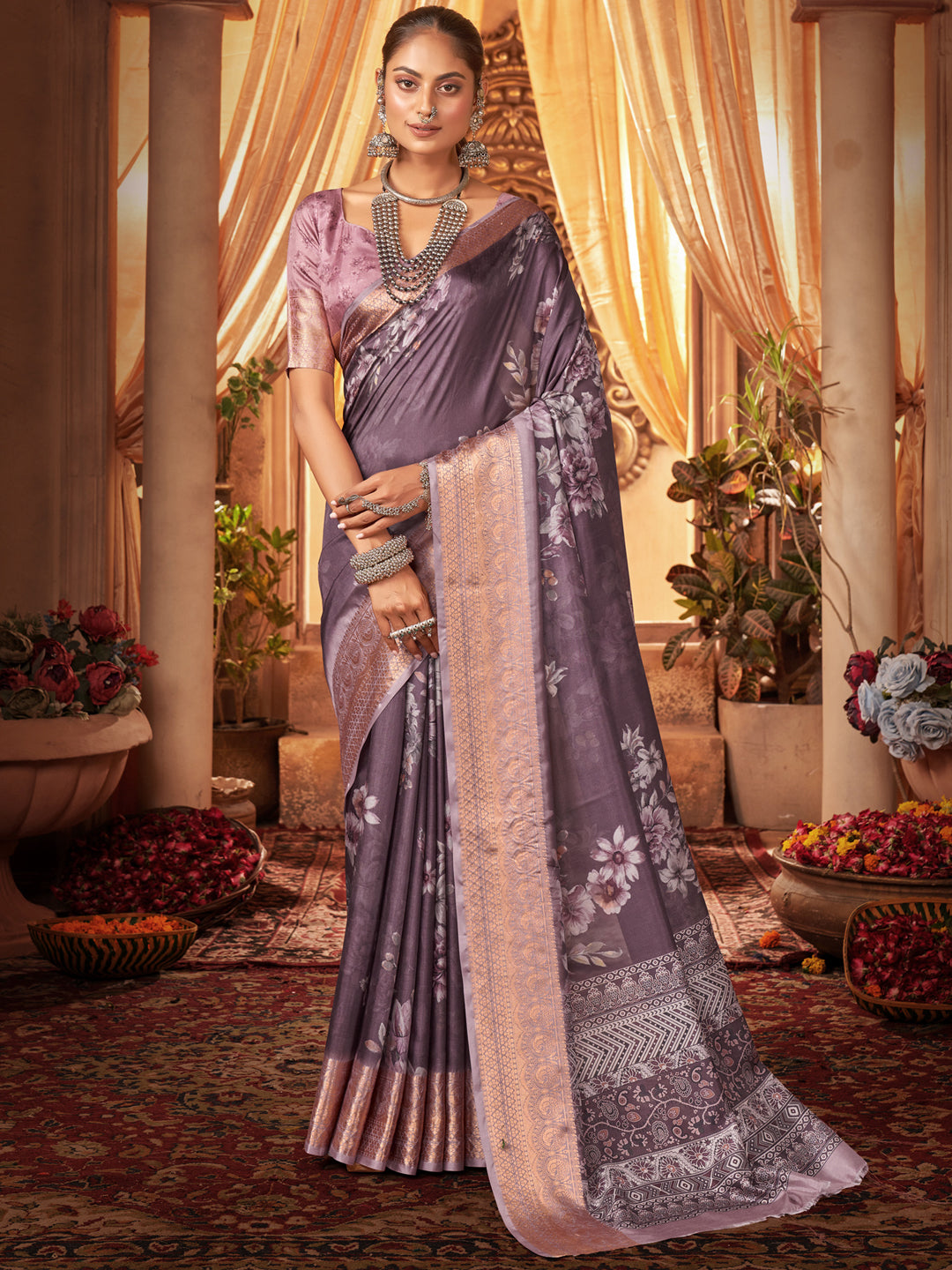 Tussar Silk Mauve Printed Designer Saree With Blouse