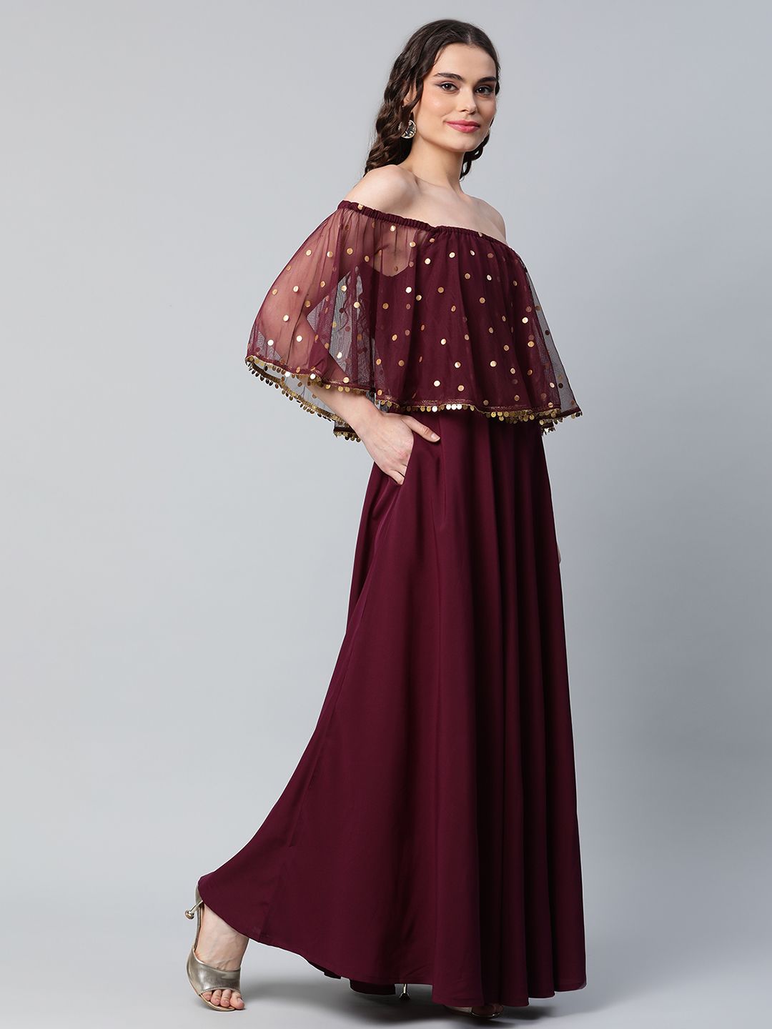 Burgundy & Gold Net Printed Dress