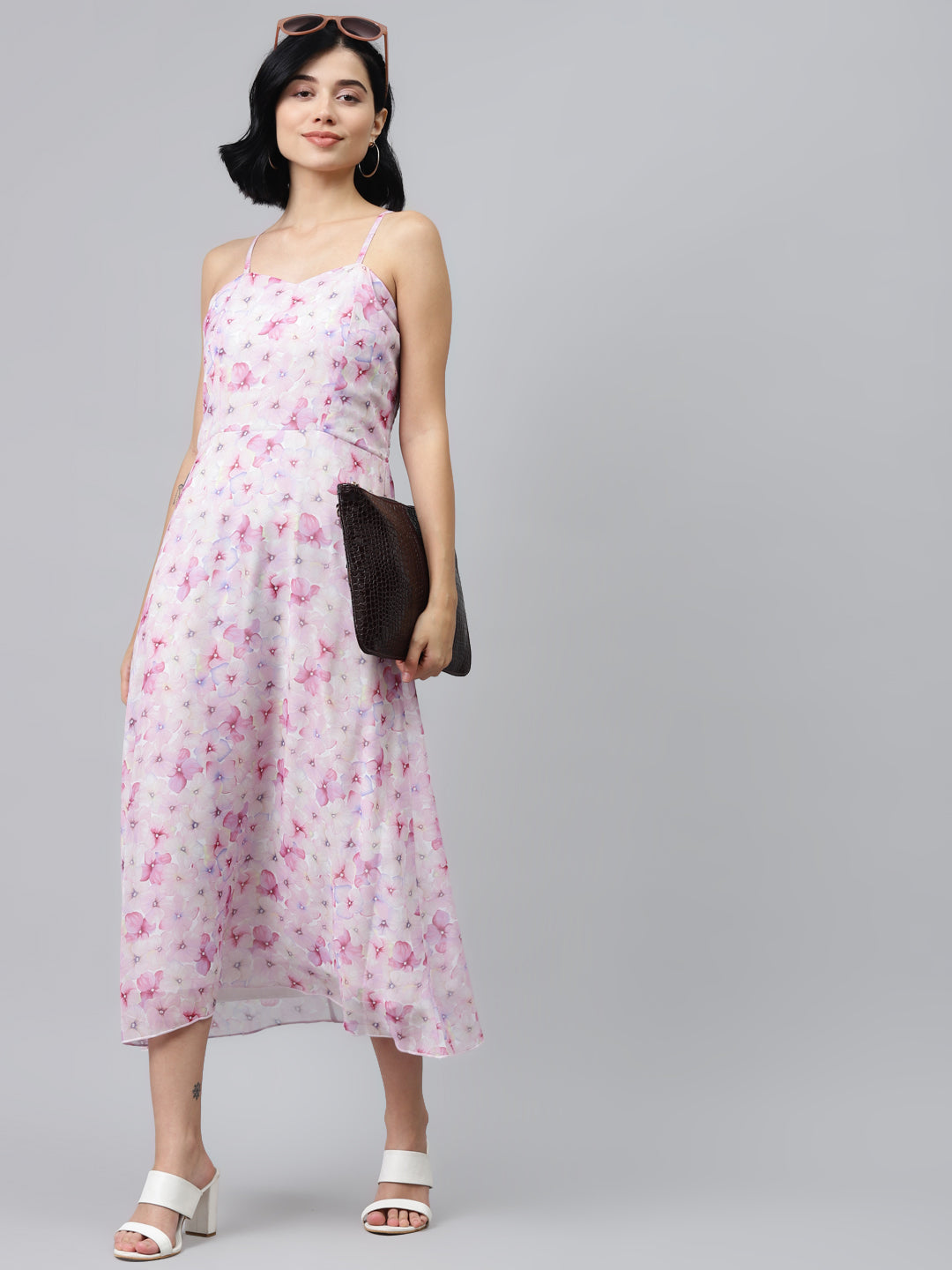 Pink Floral Strappy Midi Dress