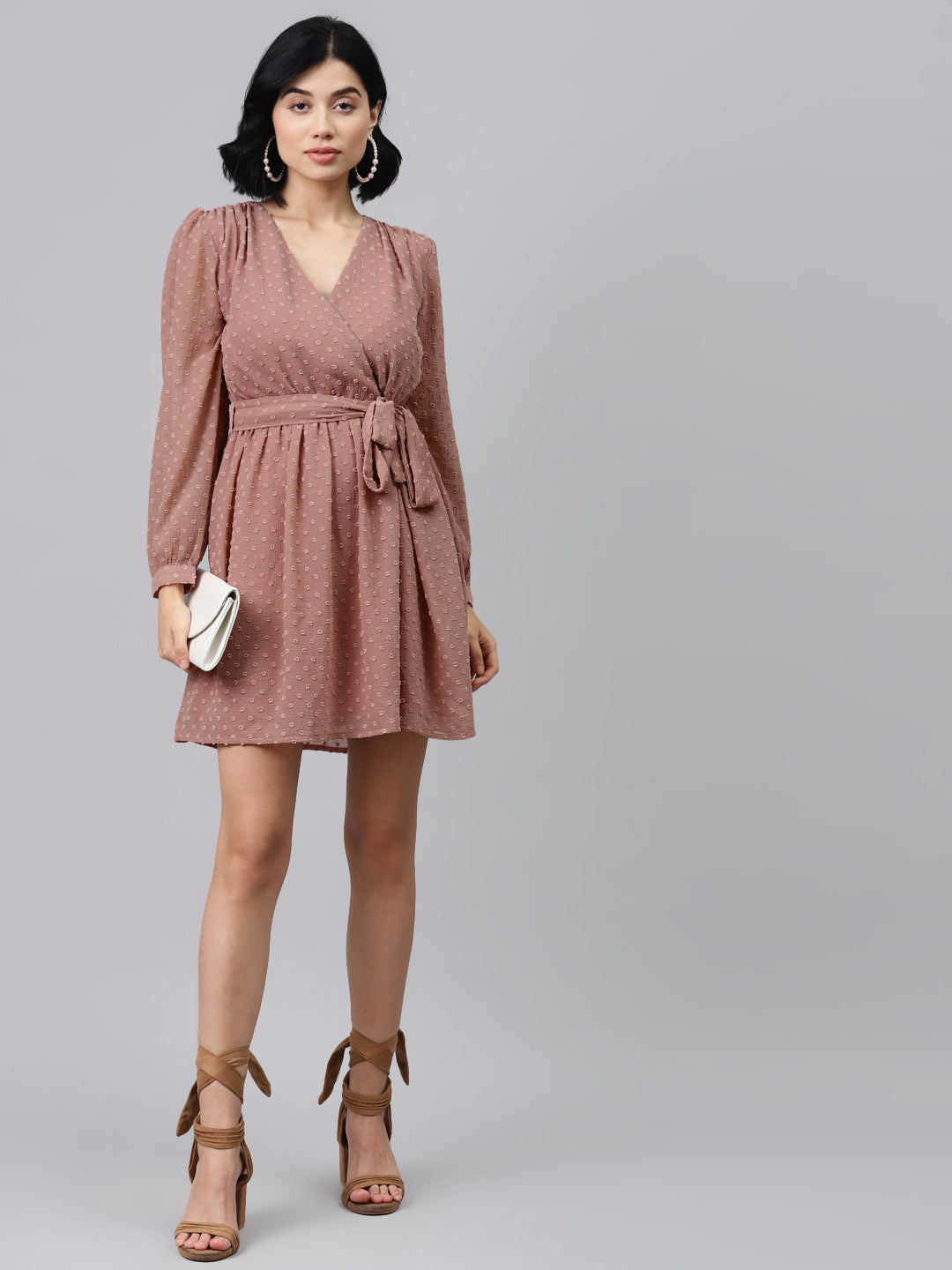 Dusty Pink Wrap Full Sleeves Dress