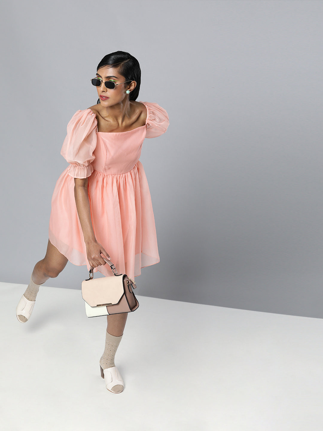 Pastel Pink Organza Puff Sleeve Dress