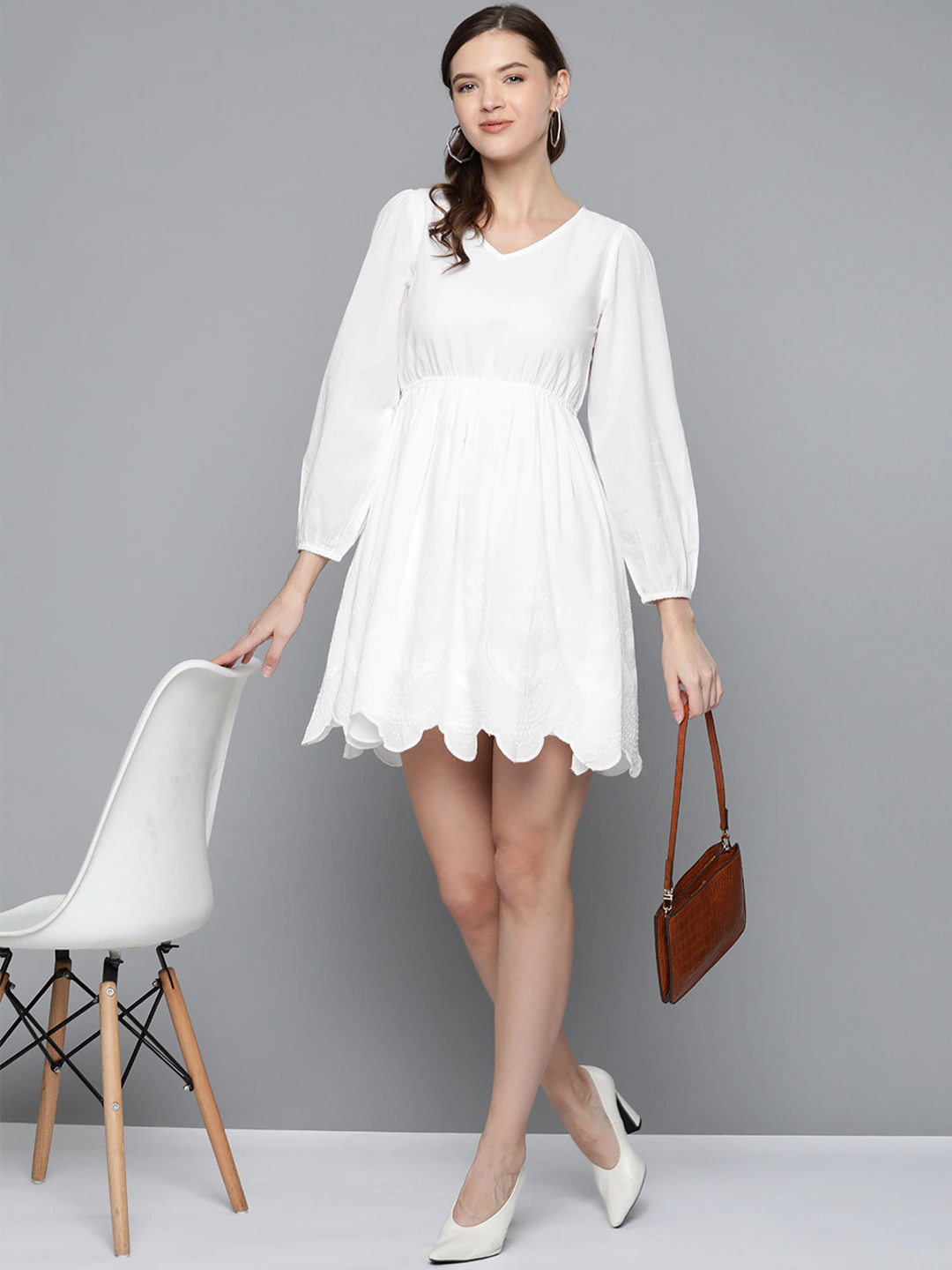 White Schiffli V-Neck Skater Dress