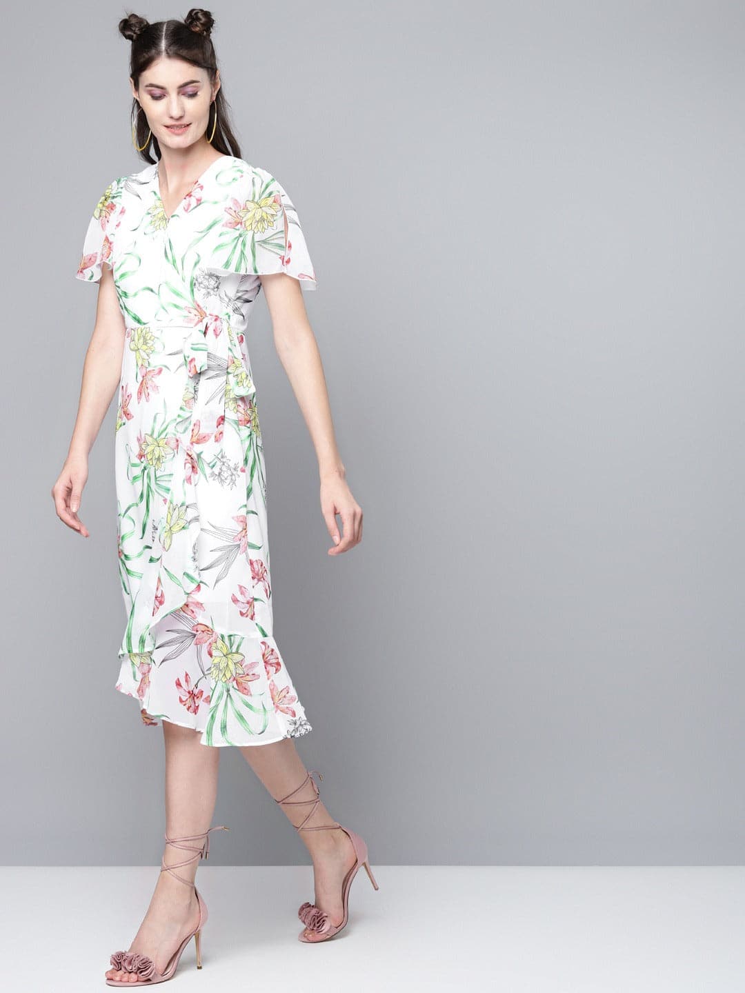 White Floral Wrap Midi Dress