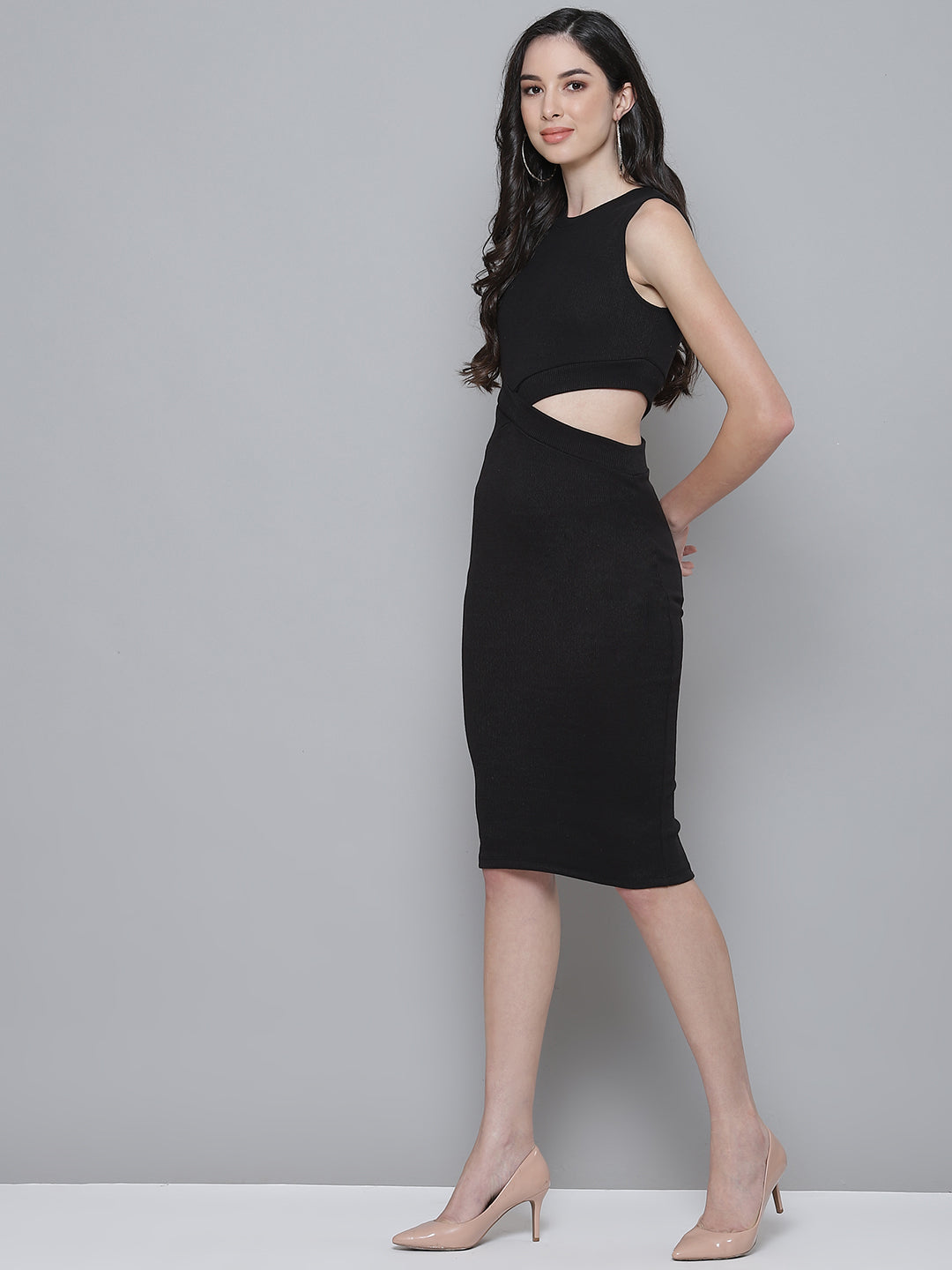 Black Rib Side Cut-Out Bodycon Dress