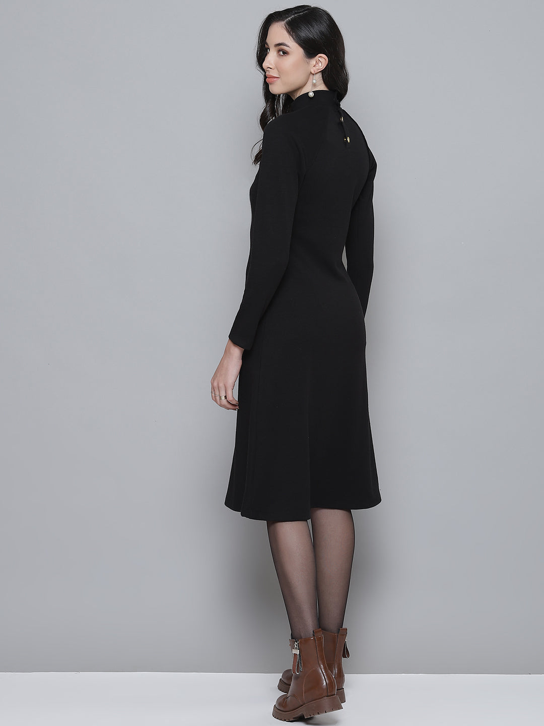 Black Rib Turtle Neck Raglan Sleeve Midi Dress