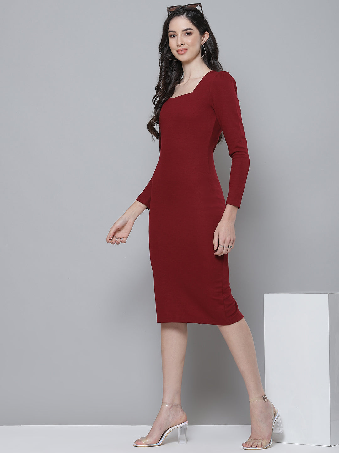 Maroon Rib Puff Sleeves Square Neck Bodycon Dress