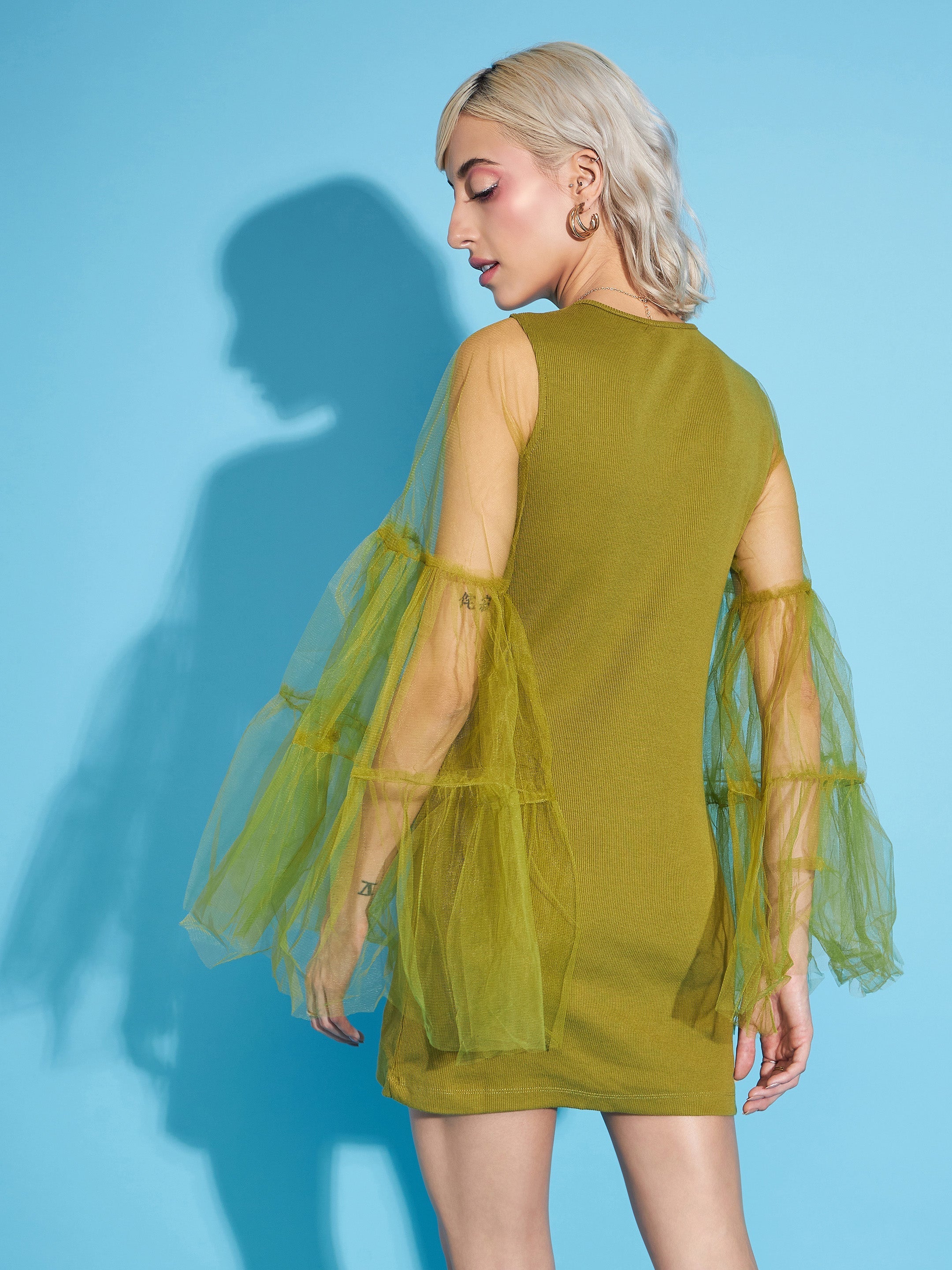 Women Green Tulle Flare Sleeve Bodycon Dress