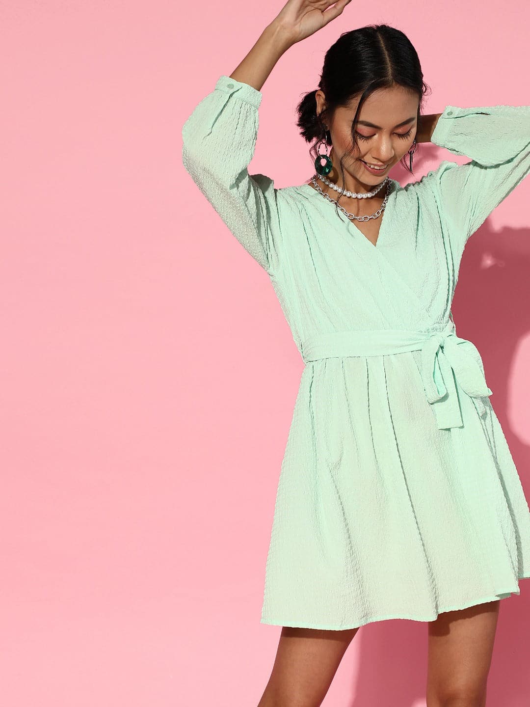 Women Mint Green Belted Short Dress