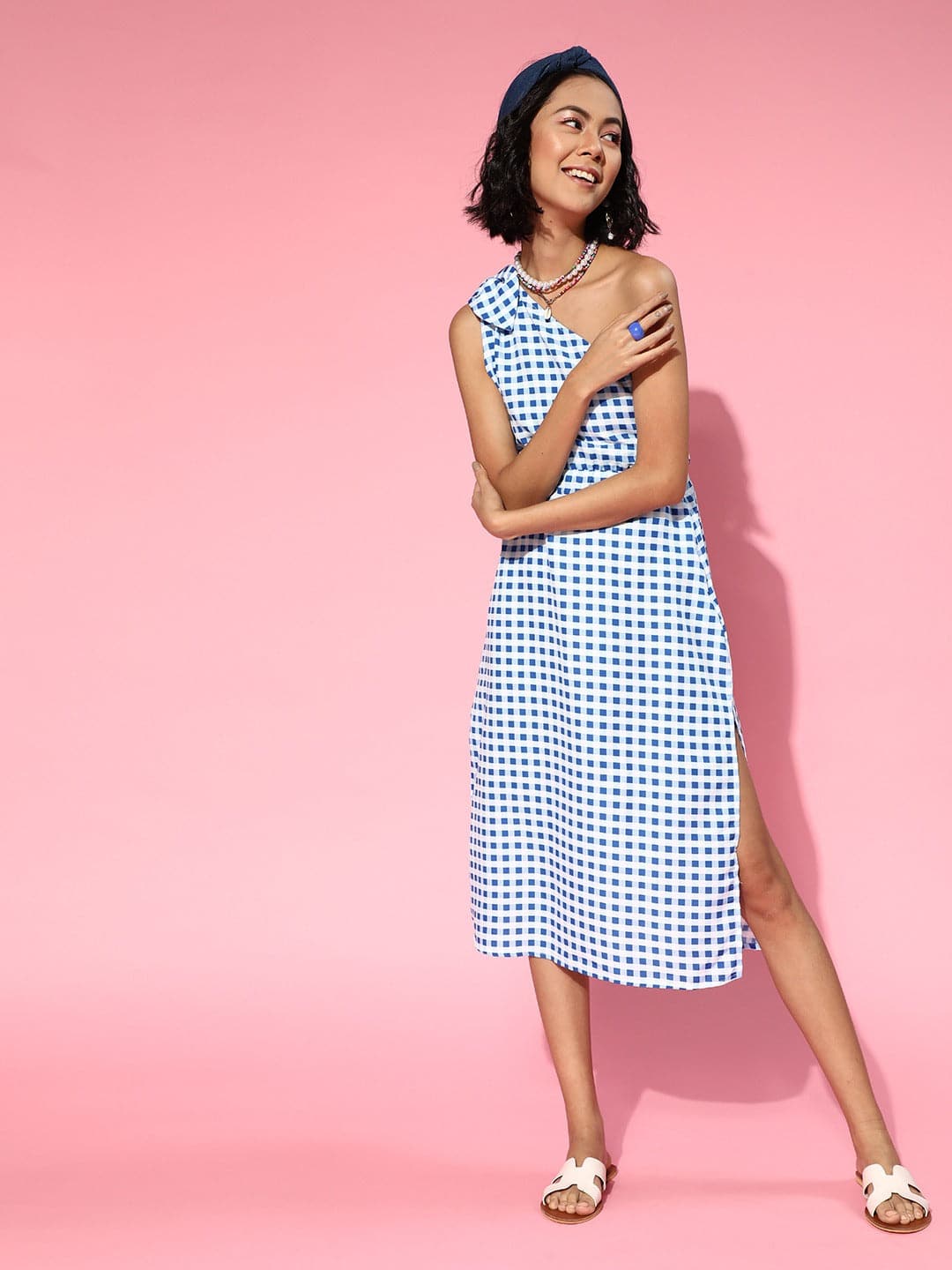 Women Blue Gingham Check One Bow Shoulder Dress