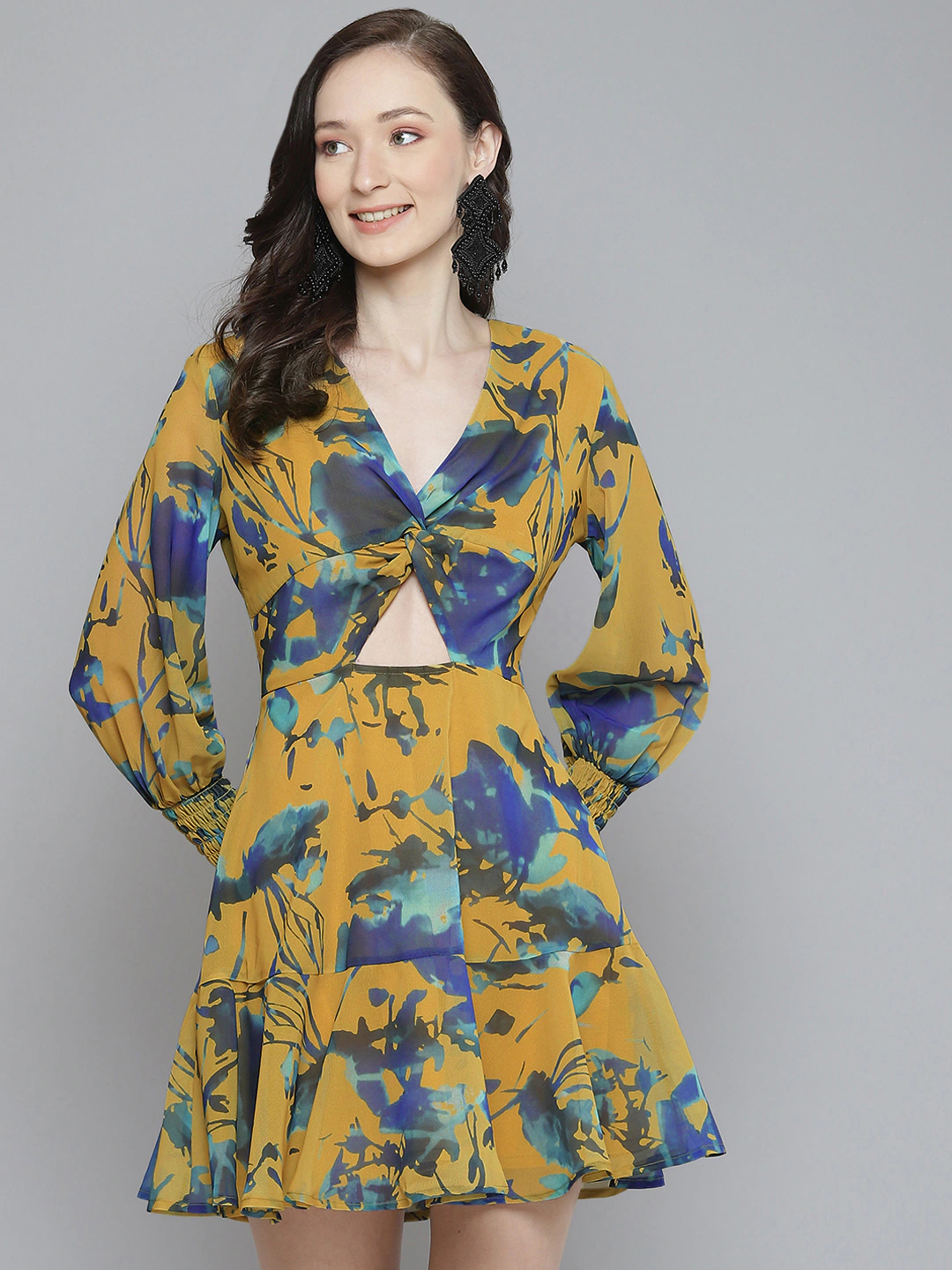 Women Mustard & Blue Floral Front Knot Short Dress