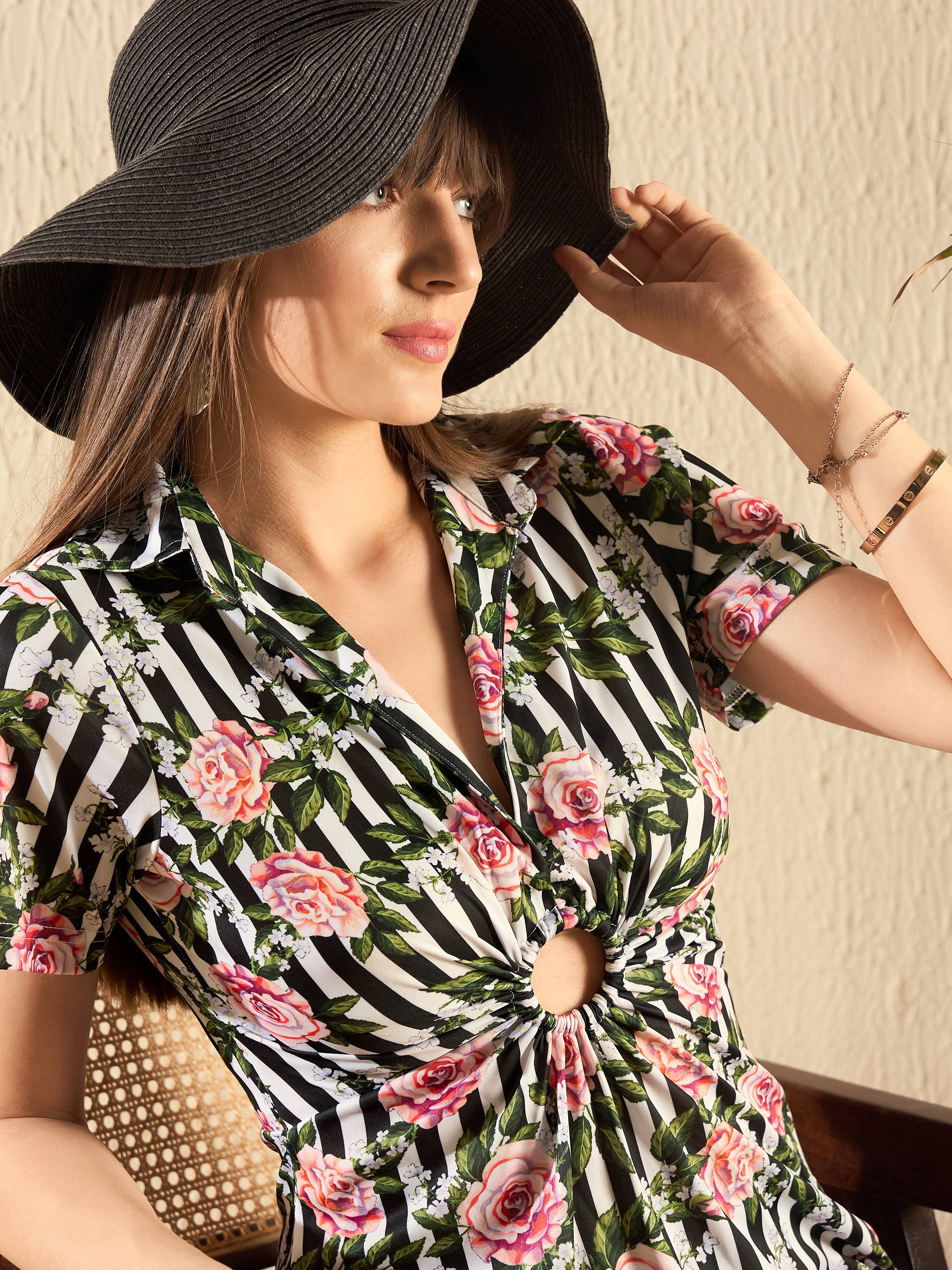 Women Black Stripe Floral Ring Dress